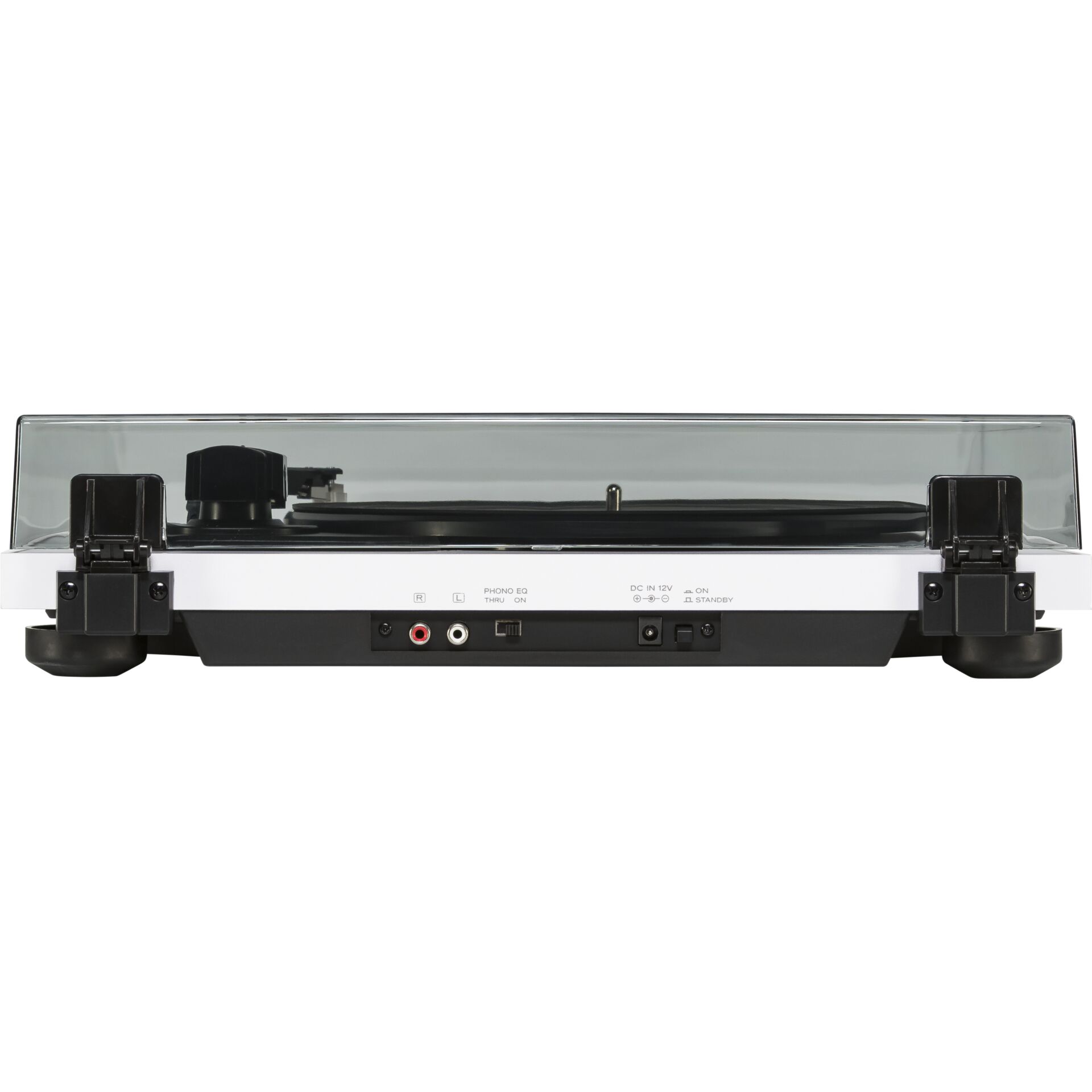 Plattenspieler, Tonarm, Stromanschluss, Glasabdeckung, Plattenwanne