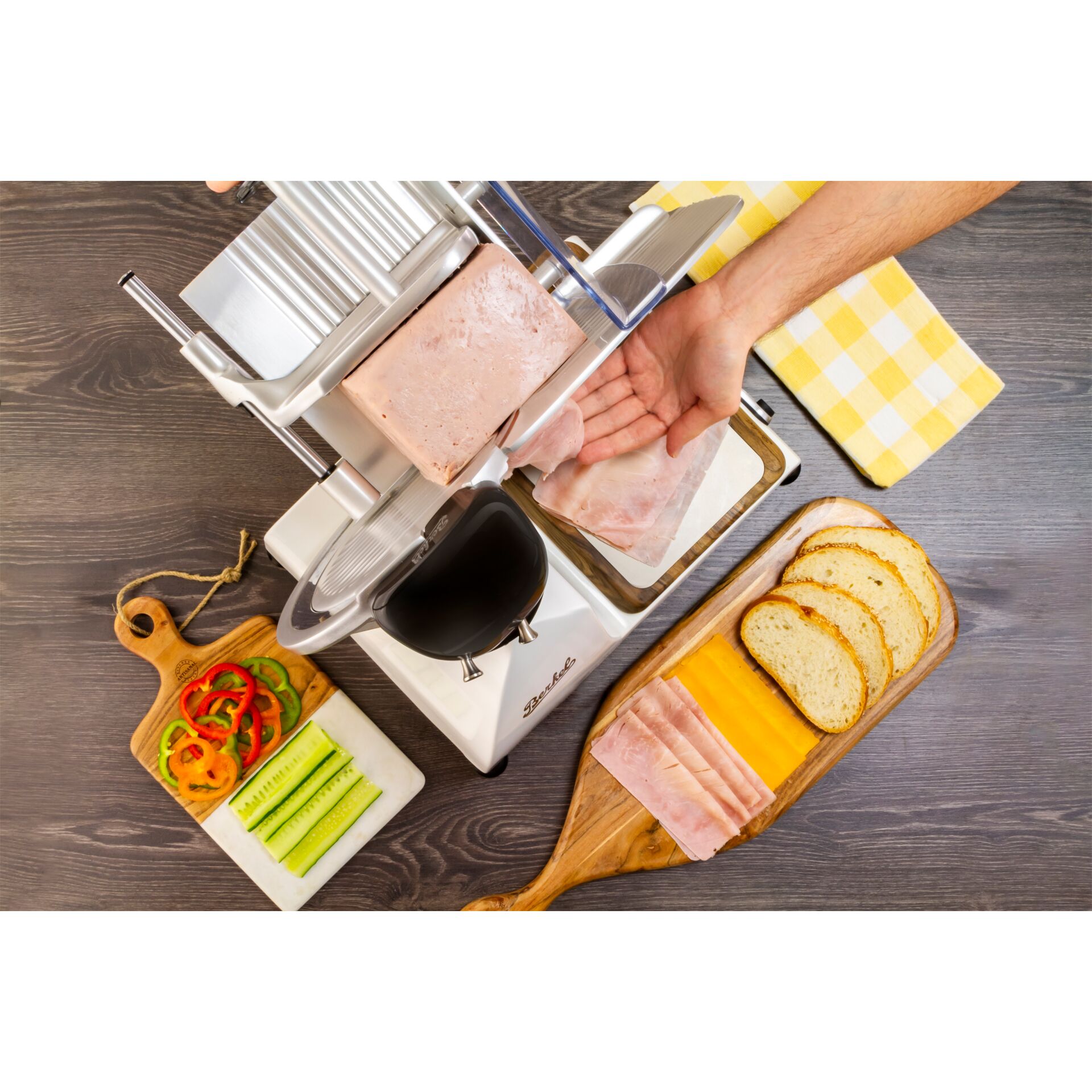 Käse-Schneidemaschine, Käse, Schinken, Brot, Gemüse