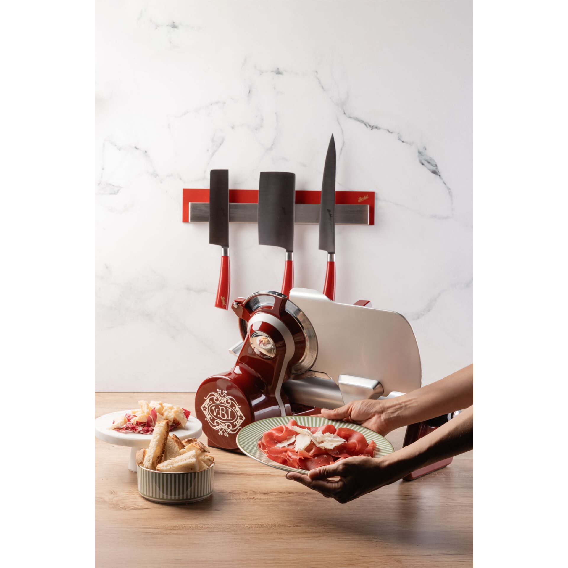 kitchen gadget, Meat slicer, red handle, knife set, marble backsplash
