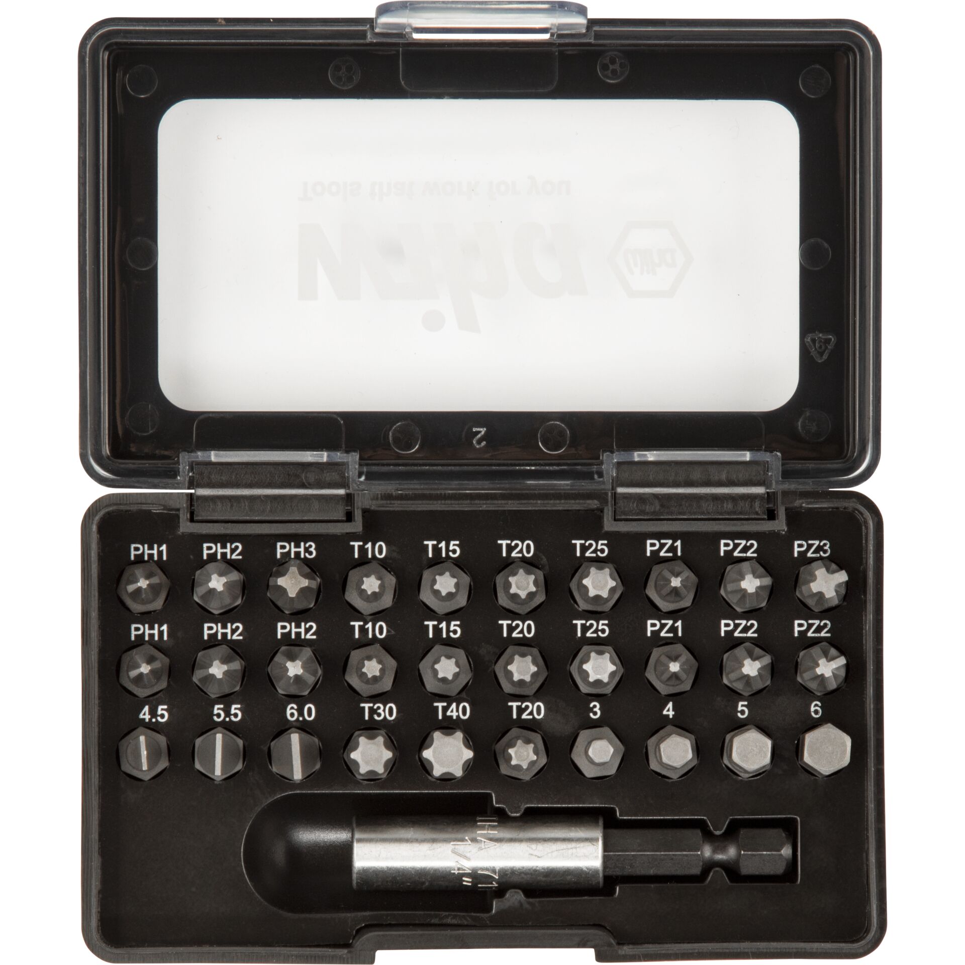 Erwachsener, Männlich, Mann, Person, Fabrik, Schraubendreher-Set, Präzisionsbits, Torx, Star-Bits, Etui mit Bits