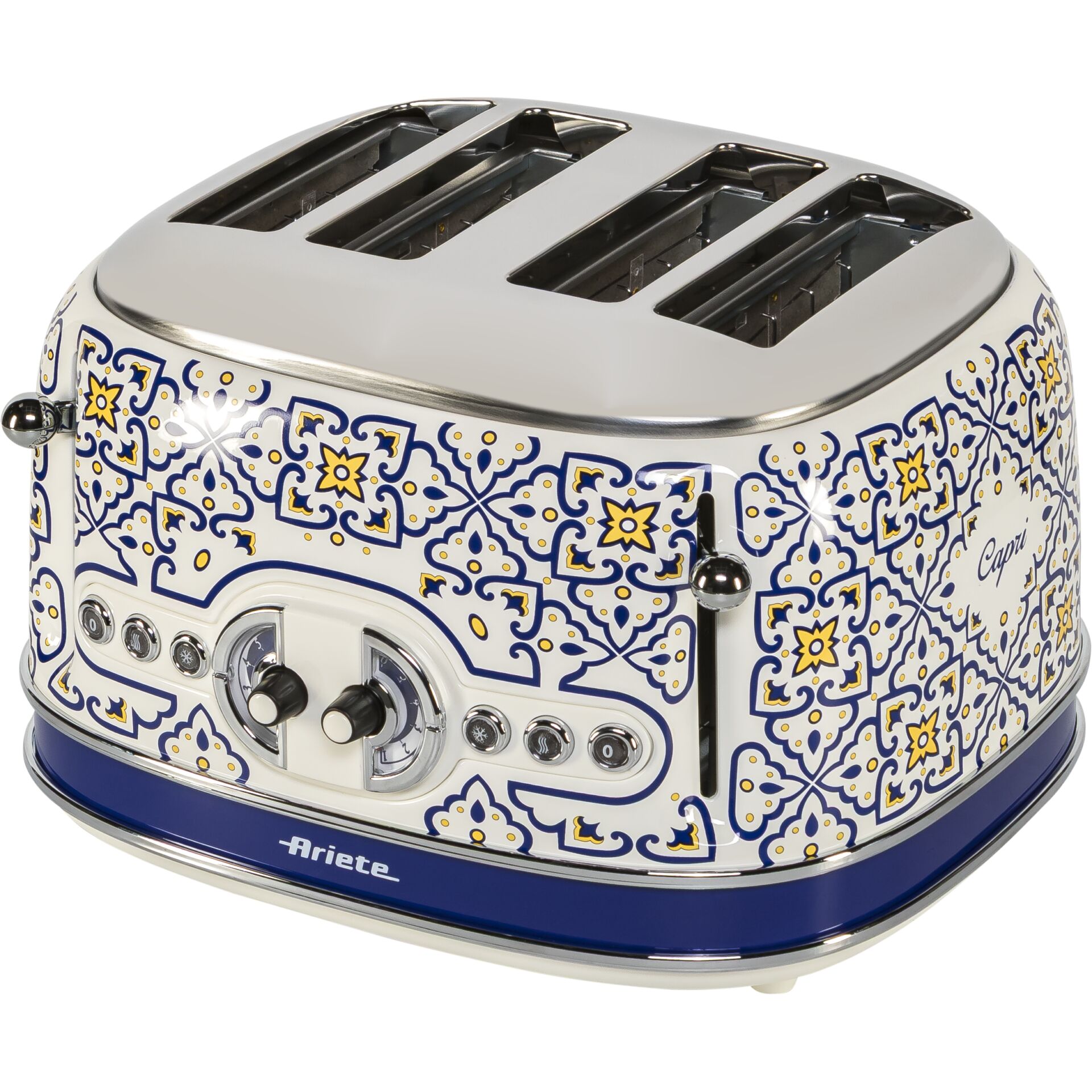 Toaster, Keramikmuster, Vierfach-Toaster, Blaues Weißes Muster, Metallchrom