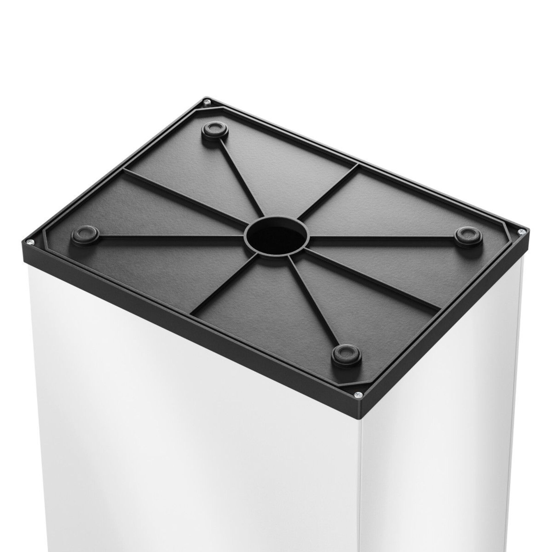 Plasticbasen, quadratischer Deckel, schwarze Abdeckung, kreisförmige Zentralöffnung, Beinenbasis aus Kunststoff