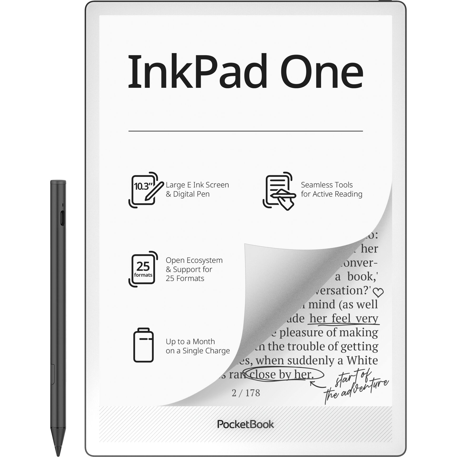 eReader, InkPad One, e-ink tablet, digital pen, folded page mockup, E-Reader, InkPad One, 10.3 Zoll, Digitalstift, offene Formate