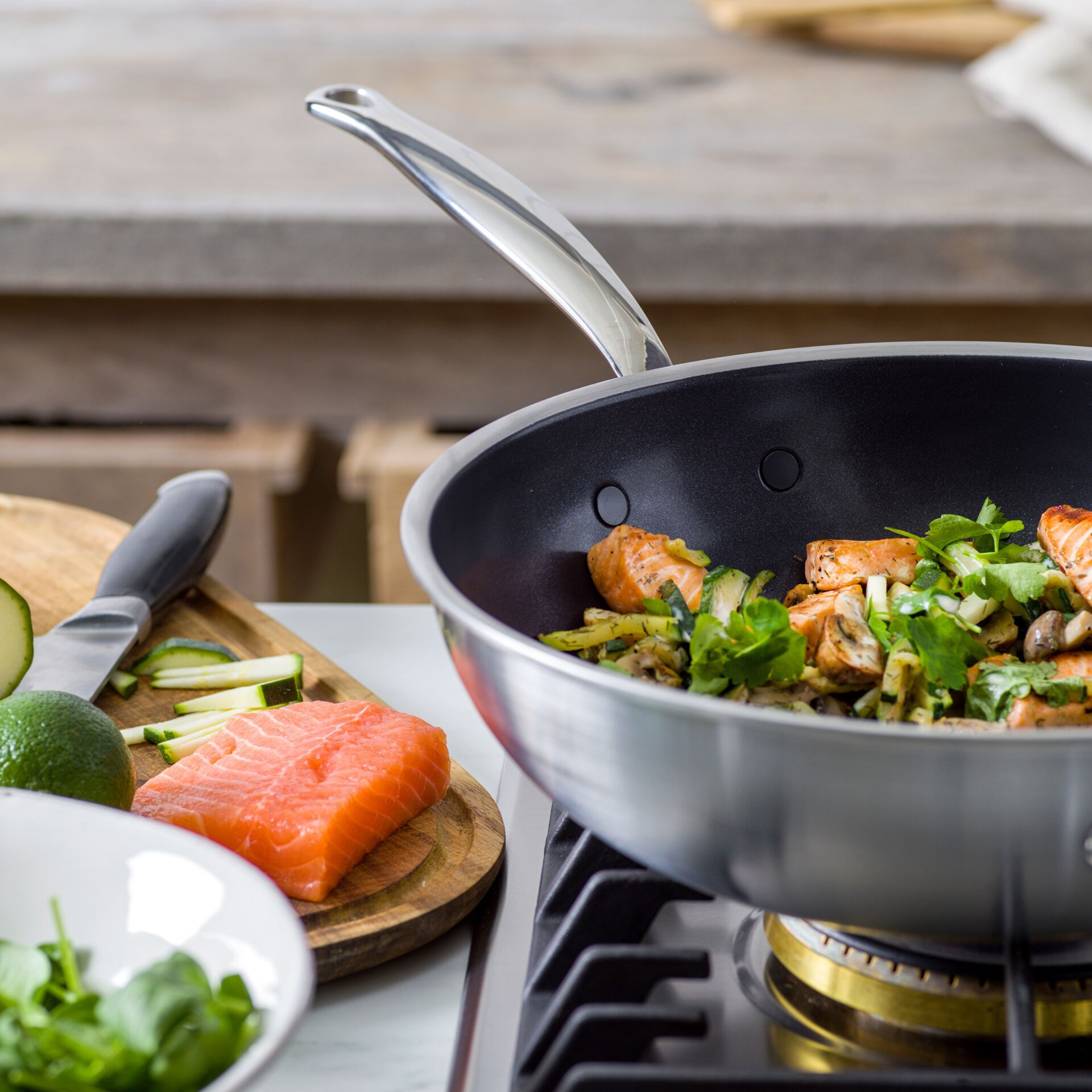 pfanne, kochen, lachs, gemüse, pfannengericht
