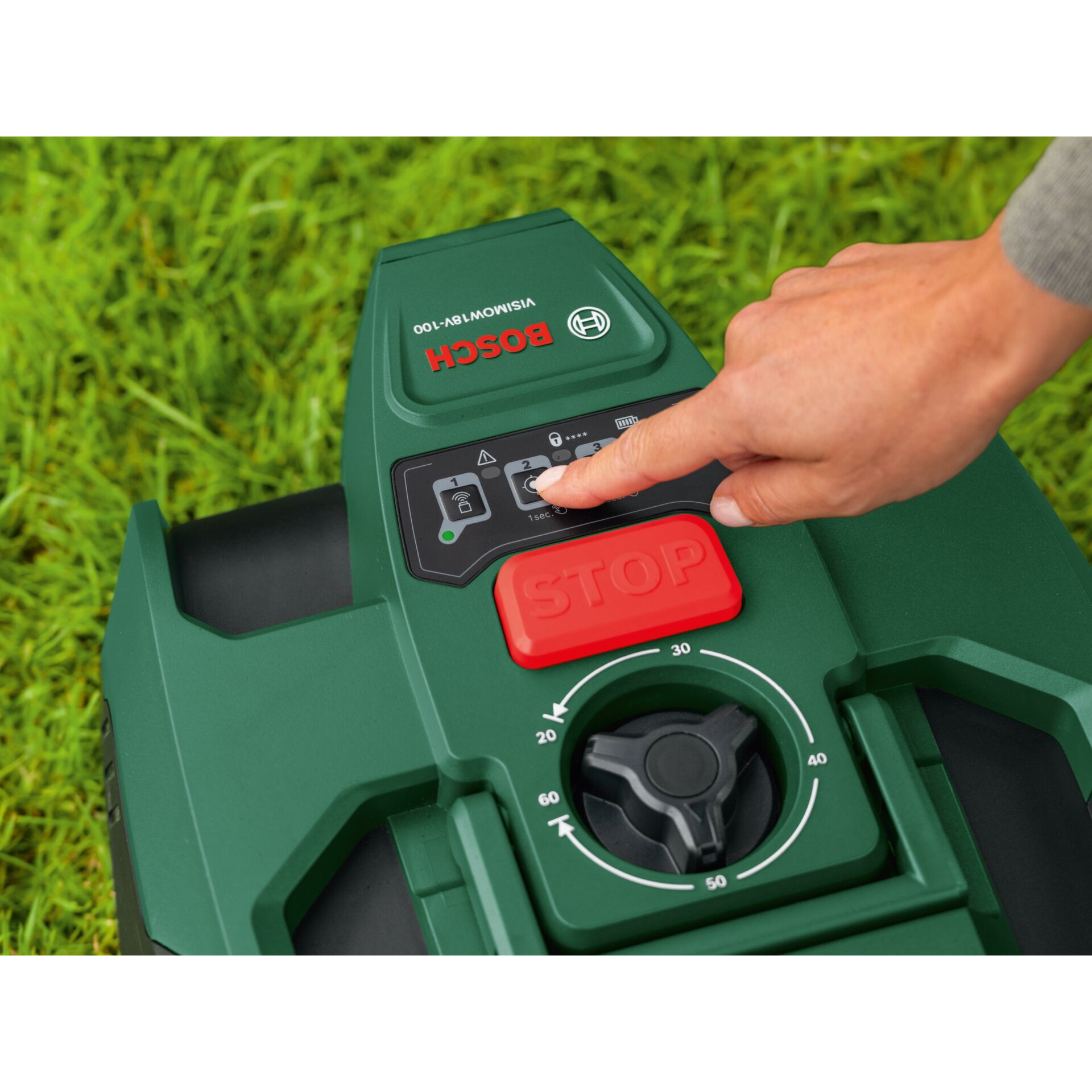 Gartenmaschine, Rasenmäher, Grasnaben?, Stop-Taste, Drehknopf